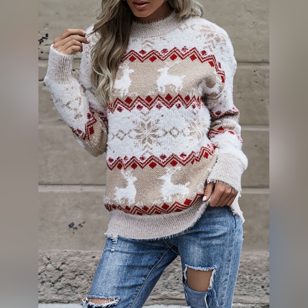 Fuzzy Fair Isle Snowflake Reindeer Knit Round Neck Holiday Minimalist Sweater